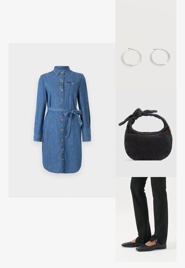 Vestido de camisa de denim con mangas largas, botones en el frente, bolsillo en el pecho y cinturón atado en la cintura en un lavado azul medio.; Piernas con pantalones ajustados negros con aberturas frontales en el dobladillo, combinados con zapatos planos Mary Jane negros con una pequeña correa con hebilla.; Bolso pequeño de hombro de mezclilla negra con correa anudada y cierre de cremallera, con una etiqueta de tela roja de Levi's en el lateral.; Pendientes de aro de metal plateado con superficie lisa y ligeramente curvada y cierre de tipo mosquetón sobre un fondo blanco liso.