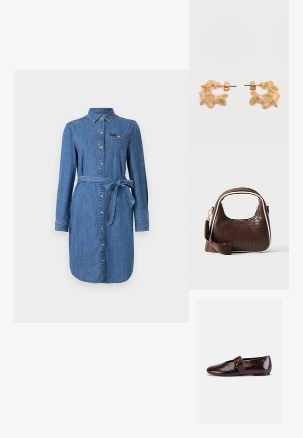 Robe chemise en denim à manches longues, avec des boutons sur le devant, une poche poitrine et une ceinture nouée à la taille, en lavage bleu moyen.; Chaussure plate en cuir verni marron foncé avec une large bride à boucle dorée et un bout arrondi, présentée de profil sur fond blanc.; Sac à main en cuir tressé marron avec passepoil blanc, fermeture éclair dorée et bandoulière amovible en tissu marron.; Boucles d'oreilles dorées avec une forme abstraite et organique, présentant une surface texturée et une fermeture à poussette.