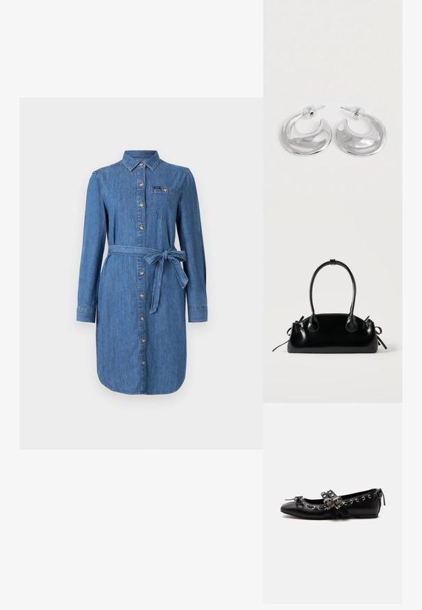Vestido de camisa de denim con mangas largas, botones en el frente, bolsillo en el pecho y cinturón atado en la cintura en un lavado azul medio.; Zapato de ballet plano negro con correas de doble hebilla, ojales plateados y un pequeño lazo cerca de la puntera redondeada sobre un fondo blanco.; Pequeño bolso negro brillante con dos asas largas y detalles de cordón lateral sobre un fondo claro liso.; Un par de pendientes de aro en forma de media luna pulidos en plata, con respaldos de plástico transparente, sobre una superficie blanca.