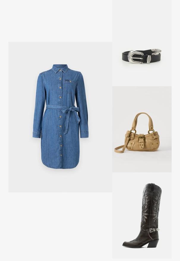 Vestido de camisa de denim con mangas largas, botones en el frente, bolsillo en el pecho y cinturón atado en la cintura en un lavado azul medio.; Bota cowboy de cuero negro con recortes decorativos, hebilla plateada y tacón inclinado, presentada sobre fondo blanco.; Bolso de cuero beige con doble asa, hebilla y remaches de latón, y una correa de hombro ajustable sobre un fondo blanco.; Cinturón de cuero negro con una gran hebilla de metal plata que presenta un detallado intrincado y acentos decorativos en ambos extremos.