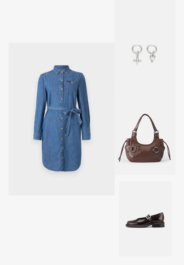Robe chemise en denim à manches longues, avec des boutons sur le devant, une poche poitrine et une ceinture nouée à la taille, en lavage bleu moyen.; Chaussure Mary Jane unique brillante couleur bordeaux foncé avec une large bride et une boucle argentée, talon bloc bas et bout arrondi sur fond blanc.; Sac à main en cuir marron de forme arrondie, avec quincaillerie argentée, deux anses latérales et une texture lisse. Dispose d'une seule poignée supérieure.; Boucles d'oreilles en argent en forme de cerceau avec un charme croix et cœur. Texture lisse et brillante avec une finition polie. Chaque charmepend d'une boucle sécurisée.