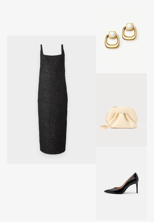 Vestido negro sin mangas con escote cuadrado, forma ajustada al cuerpo, tejido texturizado que se asemeja a la corteza y largo hasta la rodilla.; Zapato de charol negro de tacón alto con punta afilada y tacón de aguja, mostrado de perfil sobre un fondo blanco liso.; Bolso clutch de cuero suave beige con estructura rígida y detalle fruncido en el frente, con una correa delgada para la muñeca y cremallera dorada.; Pendientes en tono dorado con parte superior cuadrada que presentan grandes perlas blancas y aros gruesos, redondeados y abiertos con forma cuadrada debajo.