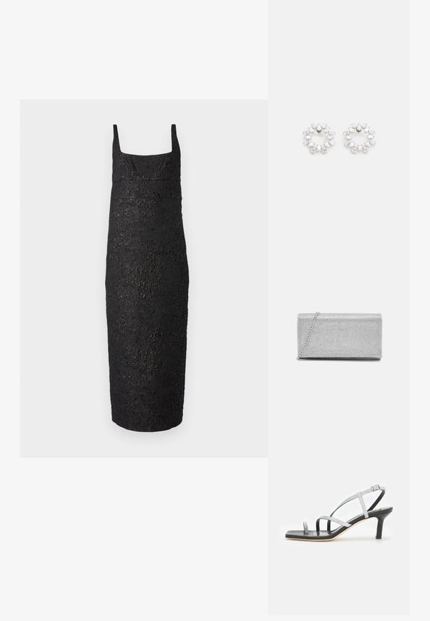 Mustat hihattomat mekko, jossa on neliskulmainen pääntie, vartalonmyötäinen muoto, teksturoitu kangas, joka muistuttaa kuorta, ja polvipituinen helma.; Elleme TWIST GLITTER - Varvassandaalit - silver/black; Hopeinen metallinen clutch-laukku, jossa on kudottu verkkomuotoilu, suorakaiteen muotoinen ja ketjuhihna kantamista varten. Sileä pinta ja kiillotettu viimeistely.; Pyöreät korvakorut, jotka on valmistettu metallista ja joissa on useita kirkkaiksi hiottuja kiviä järjestettyinä kimaltavaan kuvioon. Värittömiä ja heijastavia.