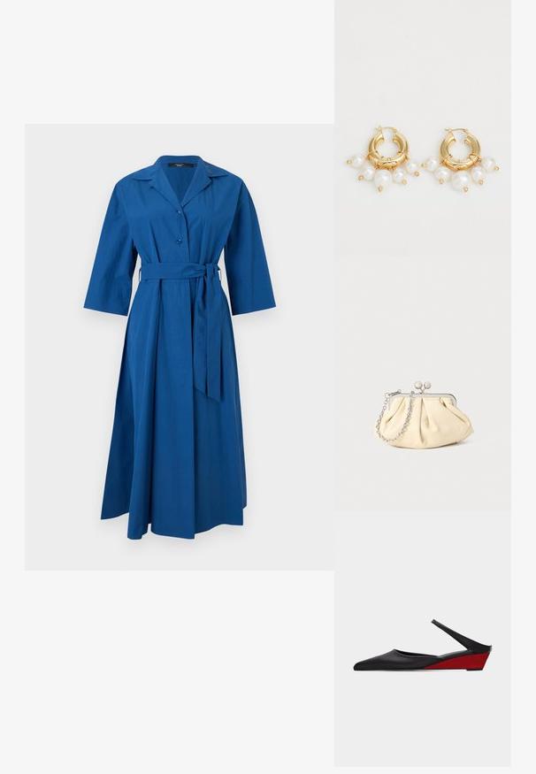 Robe midi bleue avec col large, manches trois-quarts, boutonnière sur le devant et ceinture en tissu assorti nouée à la taille.; Chaussure noire à bout pointu, bride arrière, avec un talon compensé rouge bas et une fine bride de cheville sur un fond uni.; Pochette en cuir beige plissé avec un cadre en métal argenté, dotée de deux fermoirs ronds décoratifs et d'une chaîne en argent.; Boucles d'oreilles en or en forme de créoles, ornées de trois perles blanches pendantes, maintenues par des accents en fil. Fini métallique lisse avec un aspect poli.