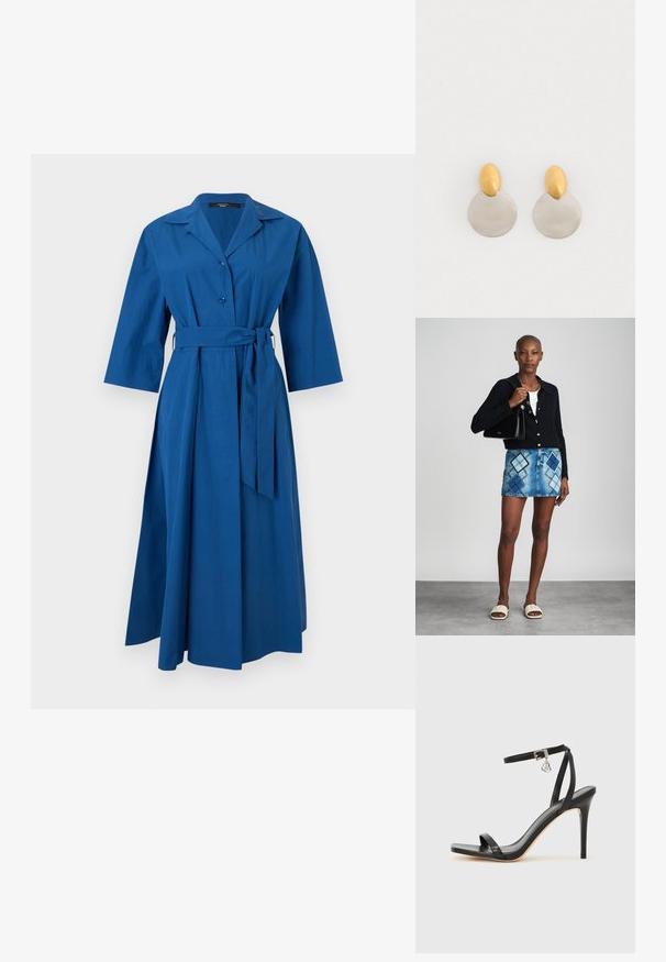 Robe midi bleue avec col large, manches trois-quarts, boutonnière sur le devant et ceinture en tissu assorti nouée à la taille.; Sandale à talon haut noire avec une bride étroite à la cheville, bout carré, cuir lisse et accent de boucle métallique.; Un cardigan en maille noir, un haut blanc, une jupe en denim avec un motif de diamants bleus et noirs, un sac à main noir et des sandales à enfiler beiges.; Boucles d'oreilles en métal doré et argenté avec une base en disque rond et une pièce supérieure ovale, texture lisse et finition polie.