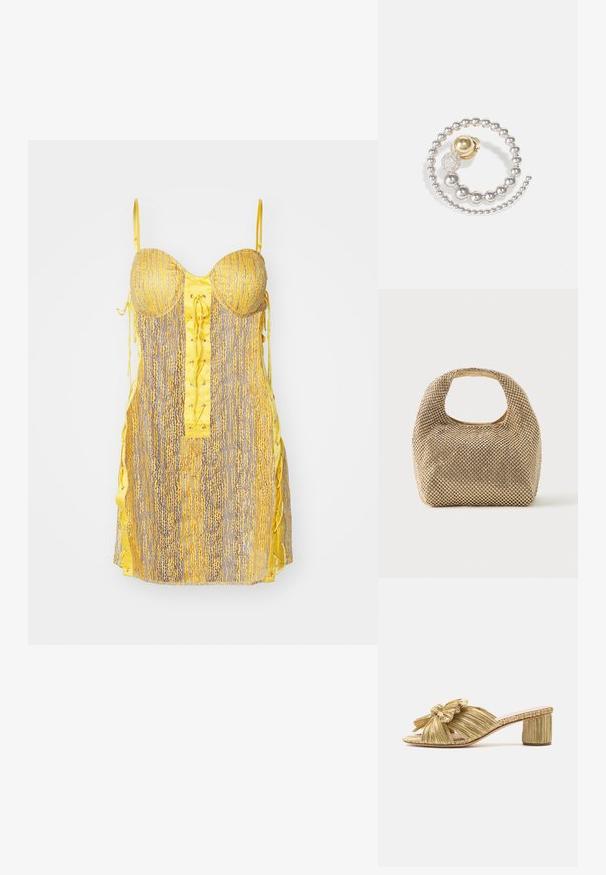 Robe jaune et grise avec un bustier ajusté, un devant à lacets et des liens sur les côtés. Présente un motif texturé et des bretelles fines et ajustables.; Sandale à glissière plissée dorée avec un détail de nœud, bout ouvert et un talon bloc texturé. Présente une semelle plate et un intérieur lisse.; Petit sac à main doré recouvert de clous ronds brillants avec une poignée courte et une découpe rectangulaire en haut.; Boucle d'oreille en métal présentant un design en spirale avec des perles en argent, un accent en or et un détail de boule texturée avec des éléments scintillants.