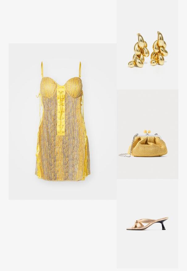Robe jaune et grise avec un bustier ajusté, un devant à lacets et des liens sur les côtés. Présente un motif texturé et des bretelles fines et ajustables.; Sandale à talon kitten dorée avec brides fines, détail en nœud et talon noir élégant, vue de profil sur fond blanc.; Petit sac à main tissé jaune avec cadre argenté, deux fermoirs boules jaunes et une bandoulière chaîne argentée sur fond blanc.; HUGO KREIT PISTIL CHAIN - Boucles d'oreilles - gold-coloured