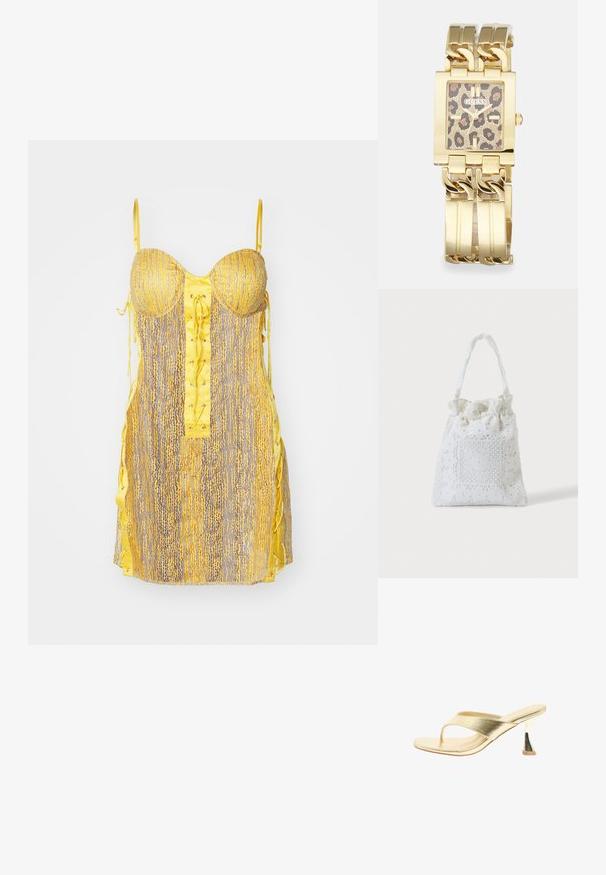 Gelbes und graues Kleid mit tailliertem Oberteil, Schnürung vorne und seitlichen Bändern. Es hat ein strukturiertes Muster und dünne, verstellbare Träger.; Goldfarbene, offene Sandale mit Absatz, Zehensteg und ausgestelltem mittelhohem Absatz, dargestellt vor weißem Hintergrund.; Weiße Stofftasche mit Spitzenblumenstickerei und einem gerafften oberen Griff, gezeigt vor einem schlichten hellen Hintergrund.; Goldfarbene Uhr mit rechteckigem Gehäuse, Zifferblatt im Leopardenmuster und auffälligem Gliederarmband. Mit roségoldenen Akzenten und einem klaren Zifferblatt.