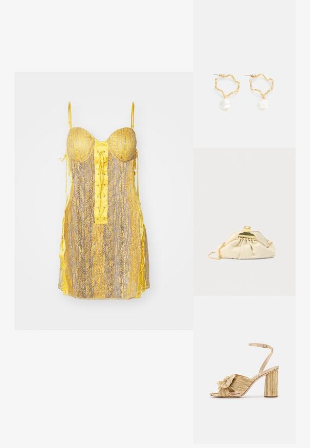 Robe jaune et grise avec un bustier ajusté, un devant à lacets et des liens sur les côtés. Présente un motif texturé et des bretelles fines et ajustables.; Sandales dorées à talons avec un devant noué, texture plissée et une bride de cheville. Le talon carré a un design strié, améliorant l'adhérence.; Pochette couleur crème en matière douce, dotée d'un fermoir doré et d'une bandoulière chaîne, avec un design froncé sur le corps.; Boucles d'oreilles en métal doré avec un design ondulé, ornées d'une accent en perle blanche pendante. La texture est lisse et les anneaux sont légers.