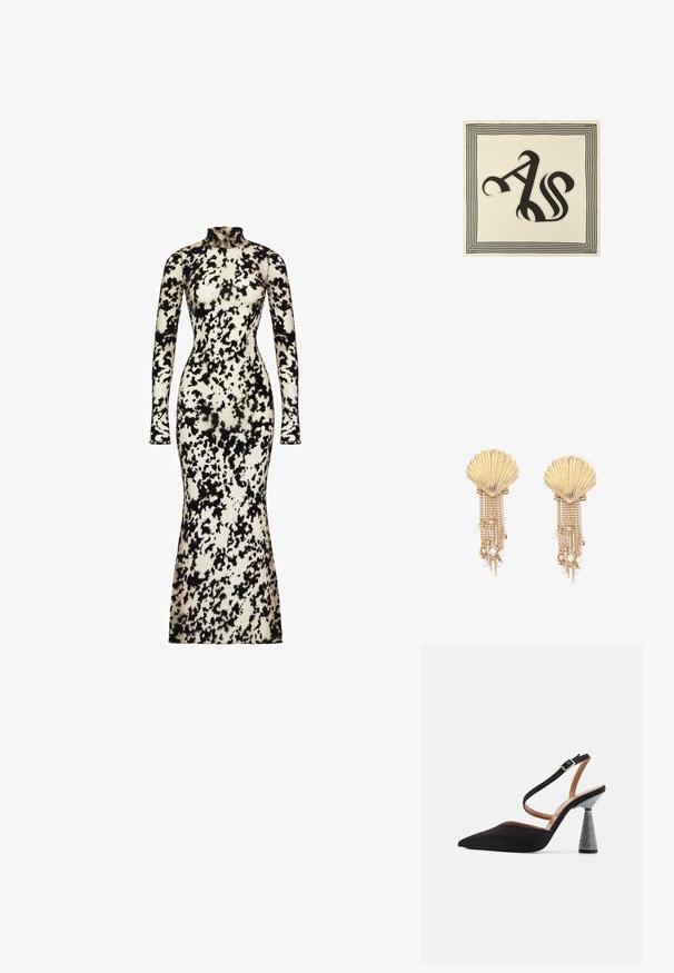 Vestido de manga larga y ajustado, hecho de una tela suave, con un patrón abstracto en blanco y negro, cuello alto y un dobladillo acampanado.; Zapato de tacón alto negro con tira en el tobillo, punta afilada, tejido de satén y un tacón cónico texturizado decorado con cristales. Correa ajustable en el tobillo.; Pañuelo cuadrado crema con letras estilizadas negras "AS" en el centro y un borde negro de varias líneas.; Pendientes dorados en forma de concha marina con varias cadenas colgantes adornadas con pequeñas perlas blancas y cuentas.