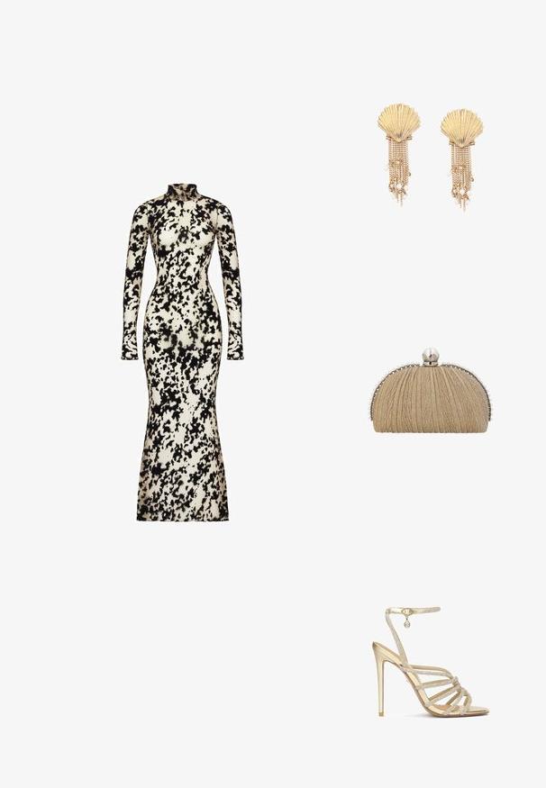 Langsleeve, getailleerde jurk van gladde stof, met een zwart en crème abstract patroon, een hoge hals en een uitlopende zoom.; Gouden hoge hakken sandalen met meerdere kralen-omzoomde banden en een enkelbandje, met een gladde metallic afwerking en een puntige neus.; Handtas van goudkleurige stof met geplooide textuur, zilverkleurige rand en grote parelsluiting met kleinere pareltjes langs de randen.; Gouden oorbellen in vorm van een schelp met meerdere hangende kettingen versierd met kleine witte parels en kraaltjes.