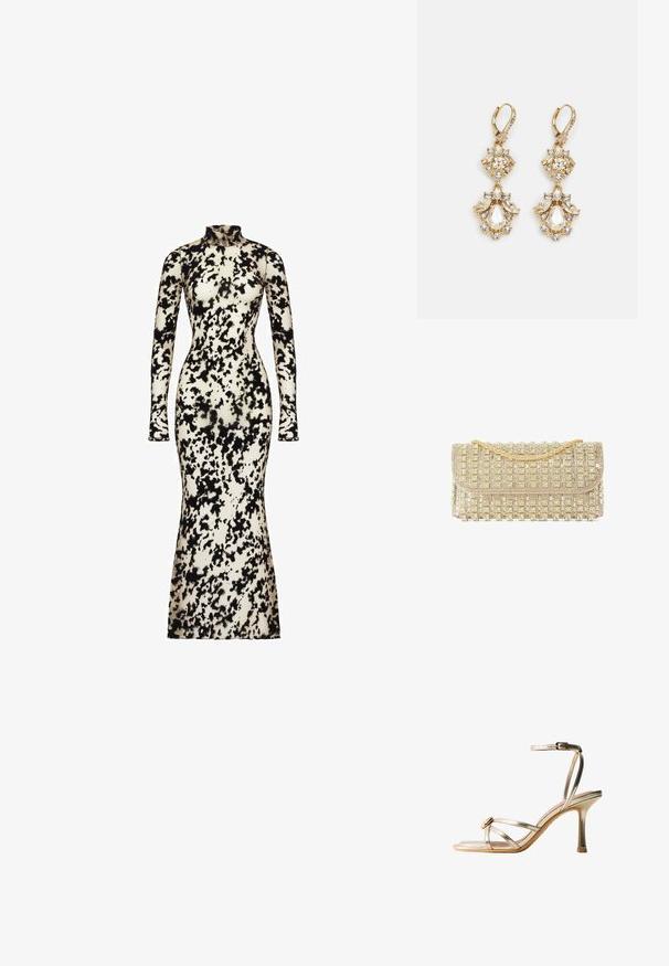 Langsleeve, getailleerde jurk van gladde stof, met een zwart en crème abstract patroon, een hoge hals en een uitlopende zoom.; Gouden metallic sandaal met hoge hak, dunne gekruiste bandjes, enkelgesp en een klein rond decoratief detail dichtbij de tenen.; Avond clutch in goudkleur met een gouden kettingriem en rijen fonkelende strasversieringen.; Gouden hangoorbellen met een clusterontwerp, versierd met ronde en druppelvormige heldere kristallen, die zich kenmerken door ingewikkelde details.