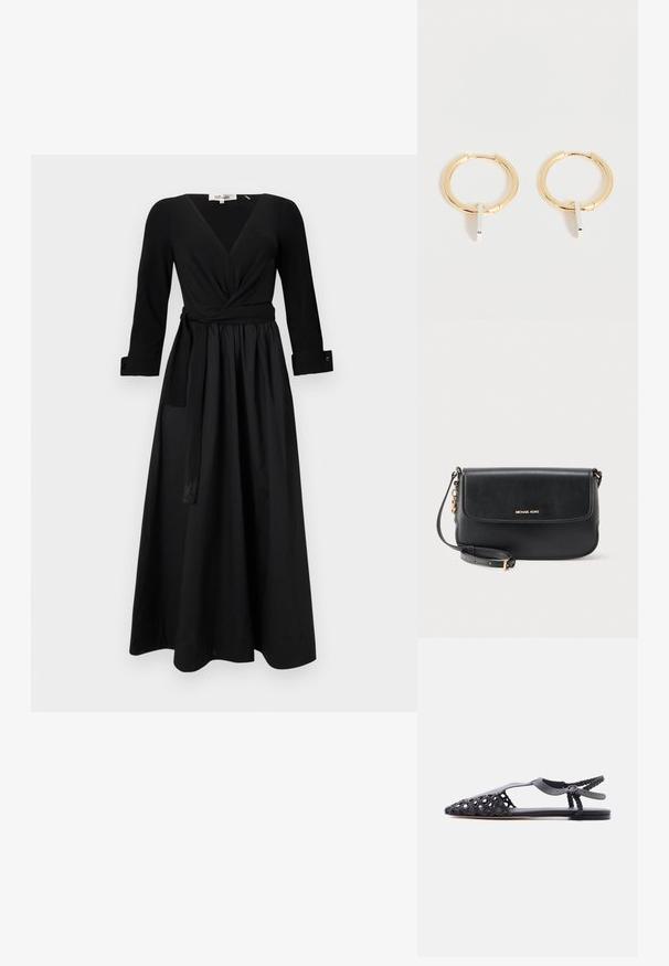 Schwarz langes Kleid mit V-Ausschnitt, langen Ärmeln und gebundenem Taillengürtel. Hergestellt aus glattem Stoff mit einem voluminösen Rock und geknöpften Ärmeln.; Schwarze flache Sandale mit geflochtenem spitzem Zehenbereich, T-Riemen, geflochtenem Knöchelriemen und Schnallenverschluss vor weißem Hintergrund.; Schwarze Leder-Umhängetasche mit klappbarem Überschlag, goldfarbenen Beschlägen und einem Logo auf der Vorderseite. Verfügt über einen abnehmbaren, verstellbaren Riemen.; Goldene Creolen mit kleinen vertikalen silbernen rechteckigen Anhängern, dargestellt auf weißem Hintergrund.