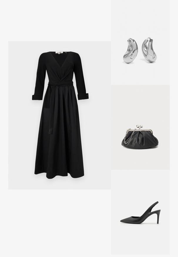Robe longue noire avec un décolleté en V, des manches longues et une ceinture nouée. Fabriquée en tissu lisse avec une jupe évasée et des manches à poignet.; Escarpins à talon aiguille en cuir noir, avec un design à bout pointu, présentant une découpure à l'avant et un talon fin.; Porte-monnaie en cuir noir avec texture froncée, cadre en métal argenté, fermeture à verrouillage kiss-lock et bandoulière en chaîne. Surface lisse et douce.; Boucles d'oreilles en argent en forme de créoles avec une finition incurvée et brillante, et un design sans couture. Équipées d'une fermeture à charnière pour un port sécurisé.