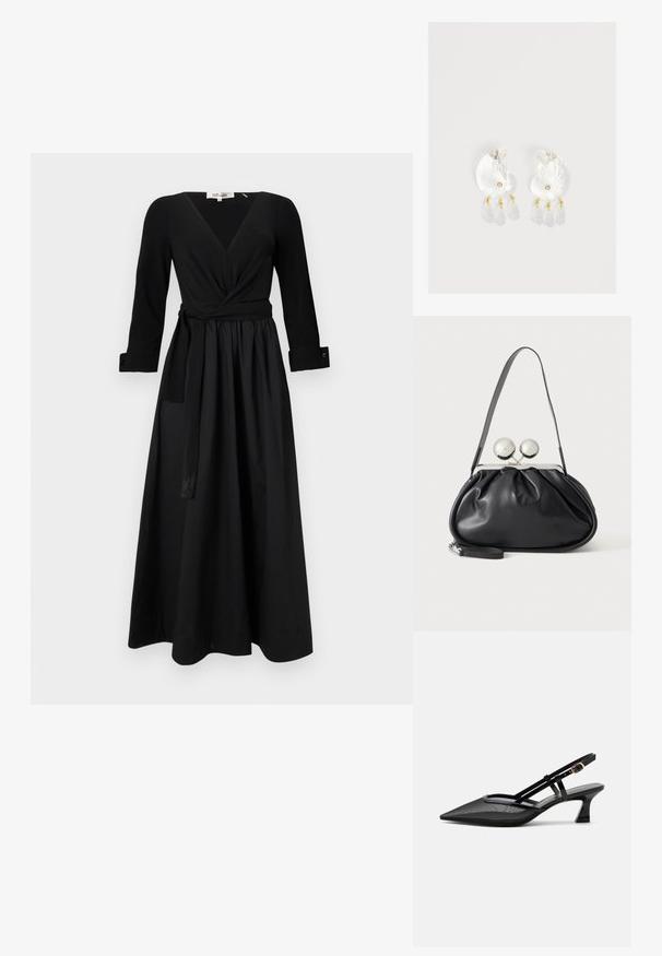 Robe longue noire avec un décolleté en V, des manches longues et une ceinture nouée. Fabriquée en tissu lisse avec une jupe évasée et des manches à poignet.; Chaussure slingback noire à bout pointu avec tige en mesh, fines brides, boucle dorée et petit talon incurvé sur fond blanc.; Sac à main en cuir noir avec un design plissé, une sangle unique, un cadre métallique argenté et deux grandes fermoirs ronds en argent.; Boucles d'oreilles en résine transparente en forme de coquillage avec de petits accents dorés et trois breloques translucides en forme de goutte pendantes sur chaque boucle d'oreille.