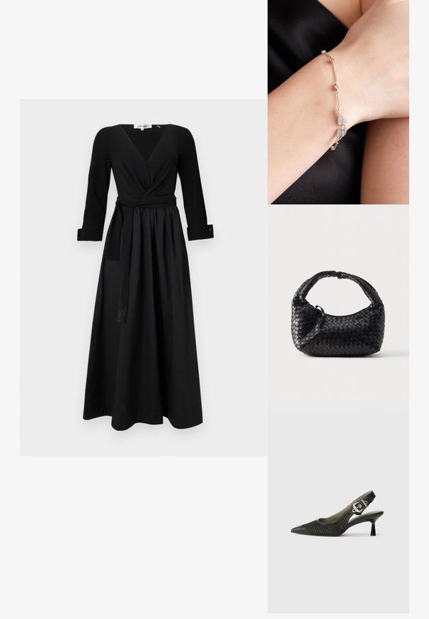 Zwarte lange jurk met een V-hals, lange mouwen en een gestrikte tailleband. Gemaakt van zachte stof met een volle rok en manchetten.; Zwarte slingback schoen met spitse teen, geweven mesh textuur en gesps accent bij de hiel. Slanke, gebogen hak. Gladde leren details.; Zwarte geweven handtas met een afgeronde vorm, een gestructureerde afwerking en een gebogen handvat. Voorzien van een subtiel logo-accent aan de voorkant.; Zilveren armband met delicate ketting, met twee bladvormige elementen gezet met sprankelende stenen, rustend op een pols tegen een donkere stof.