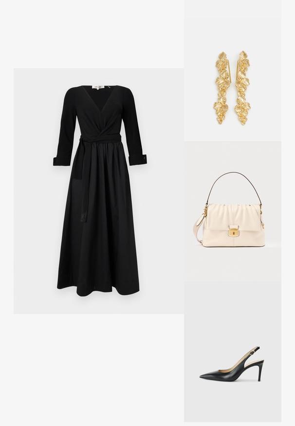 Sort lang kjole med V-hals, lange ærmer og en bundet talje. Lavet af glat stof med en fyldig skørt og manchetærmer.; Sorte læder slingback højhælede sko med spids tå, justerbar rem og en slank stiletto hæl, der har en glat finish.; Cremefarvet læderhåndtaske med en opsamlet top, guldfarvet hardware og aftagelig rem. Har en klaplukning og kontrasterende brunt håndtag.; Guldøreringe designet som kaskader af blade, med detaljerede bladmønstre og en skinnende metallisk finish. Letvægts med en delikat struktur.