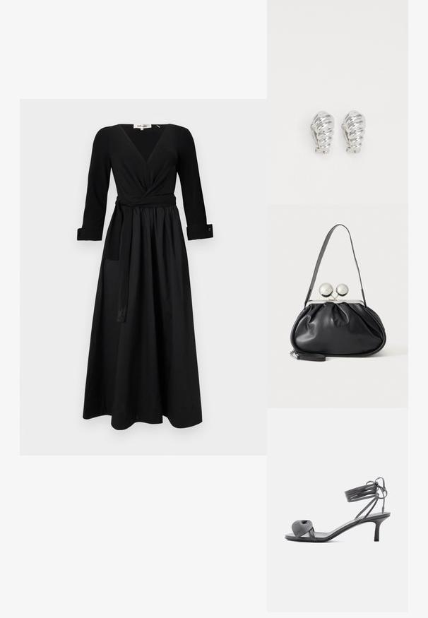 Robe longue noire avec un décolleté en V, des manches longues et une ceinture nouée. Fabriquée en tissu lisse avec une jupe évasée et des manches à poignet.; Sandale à talon en cuir gris avec une bride nouée sur les orteils et des lacets enroulants autour de la cheville, sur un talon moyen et fin, sur fond blanc.; Sac à main en cuir noir avec un design plissé, une sangle unique, un cadre métallique argenté et deux grandes fermoirs ronds en argent.; Boucles d'oreilles en clip argentées avec un design en spirale, présentant une texture métallique lisse et des formes arrondies. Pas d'embellissements ou de motifs visibles.