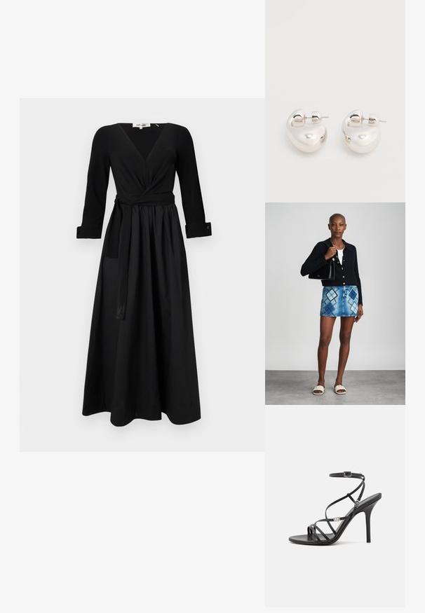 Robe longue noire avec un décolleté en V, des manches longues et une ceinture nouée. Fabriquée en tissu lisse avec une jupe évasée et des manches à poignet.; Sandale noire à talons hauts avec des brides fines, une boucle à la cheville, une surface en cuir lisse et un talon aiguille élancé.; Un cardigan en maille noir, un haut blanc, une jupe en denim avec un motif de diamants bleus et noirs, un sac à main noir et des sandales à enfiler beiges.; Paire de boucles d'oreilles argentées brillantes et épaisses avec fermoirs à tige, sur fond blanc uni.