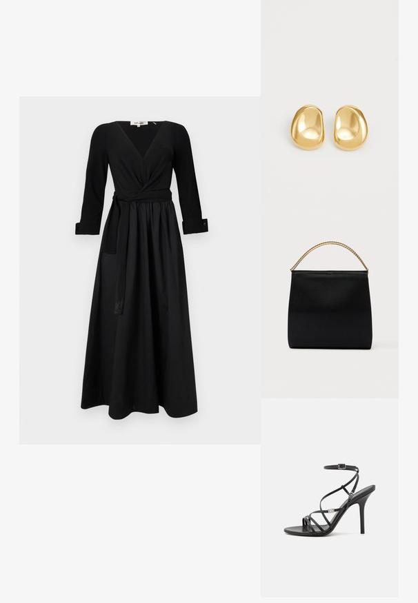 Robe longue noire avec un décolleté en V, des manches longues et une ceinture nouée. Fabriquée en tissu lisse avec une jupe évasée et des manches à poignet.; Sandale noire à talons hauts avec des brides fines, une boucle à la cheville, une surface en cuir lisse et un talon aiguille élancé.; Sac noir en tissu lisse, présentant une forme structurée, une poignée en chaîne dorée et un design géométrique minimaliste.; Boucles d'oreilles en forme de clou de couleur or, avec une forme lisse et arrondie et une surface réfléchissante, mettant en avant un design minimaliste sans motifs visibles.