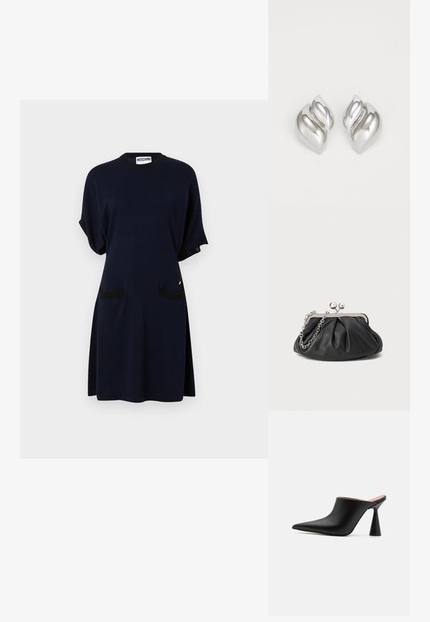 Marineblaues Baumwollkleid mit schwarzen Akzenten, kurzen Ärmeln, zwei Fronttaschen, rundem Ausschnitt und entspanntem Schnitt. Details aus goldenem Metall vorhanden.; Schwarze Leder-Mules mit spitzem Zehenbereich und einzigartigem kegelförmigem Absatz. Glatte Textur und minimalistisches Design, offener Rücken für einfaches Anziehen.; Schwarze Leder-Clutch mit geraffter Textur, silberfarbener Metallrahmen, Druckverschluss und Kettenriemen. Glatte, weiche Oberfläche.; Silberne Ohrringe mit einer organischen, abstrakten Form. Glatte, glänzende Oberfläche mit einem konischen Design. Mit dezenten Kurven und einem zentralen Linienelement.