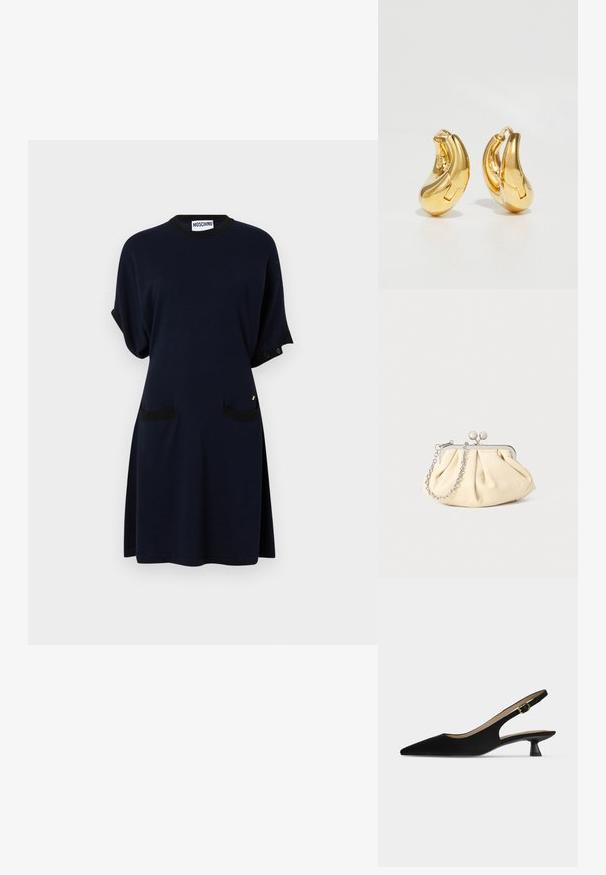 Marineblaues Baumwollkleid mit schwarzen Akzenten, kurzen Ärmeln, zwei Fronttaschen, rundem Ausschnitt und entspanntem Schnitt. Details aus goldenem Metall vorhanden.; Schwarzer Slingback-Schuh mit spitzer Kappe, niedrigem Kitten-Heel und goldener Schnallenriemen, im Profil auf hellem, einfarbigem Hintergrund gezeigt.; Faltige beigefarbene Ledertasche mit einem silbernen Metallrahmen, ausgestattet mit zwei runden dekorativen Verschlüssen und einem silbernen Kettenriemen.; Goldene Creolen mit einer glatten, geschwungenen Form und polierter Oberfläche. Mit einem Verschlussmechanismus und leichten Einkerbungen für Details.