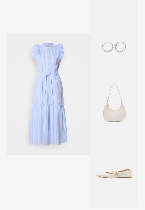 Vestido de rayas azul claro con mangas cortas con volantes, cierre de botones en la parte delantera, cintura ceñida con cinturón y diseño de falda en capas. Hecho de una tela suave.; Bailarinas de charol blanco con punta afilada, dos tiras decorativas con hebillas plateadas y una plantilla sutilmente marrón.; Bolso de hombro de cuero crema con forma de media luna, correa delgada y sutil detalle de costuras. Diseño minimalista con acentos de hardware en tono dorado.; Pendientes de aro plateados con textura ondulada e irregular. Presentan una forma circular delgada y un acabado reflectante.