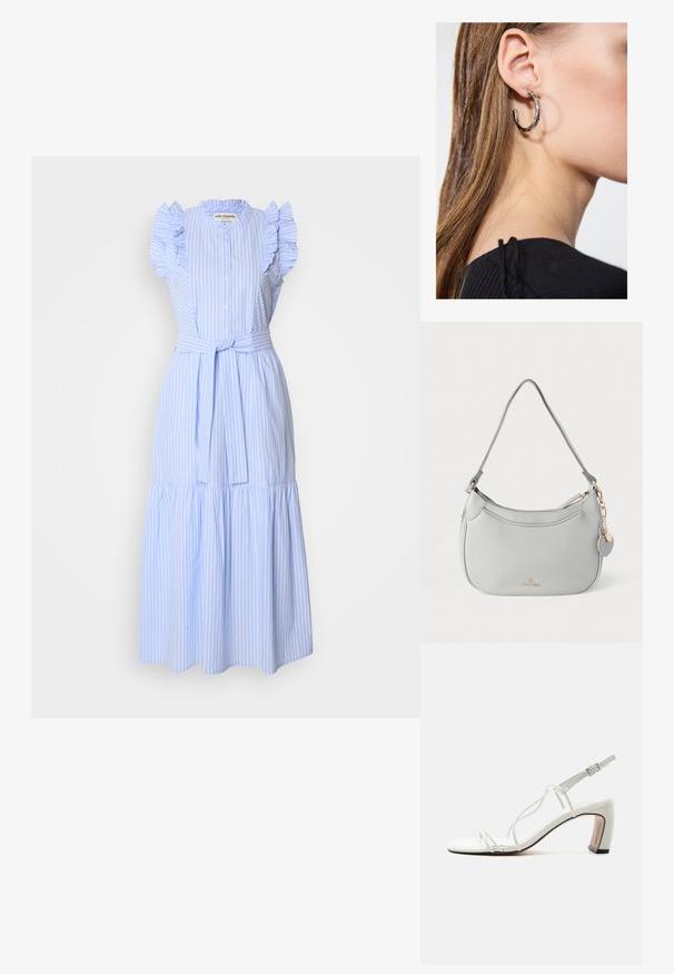 Vestido de rayas azul claro con mangas cortas con volantes, cierre de botones en la parte delantera, cintura ceñida con cinturón y diseño de falda en capas. Hecho de una tela suave.; Sandalia blanca con tiras, puntera cuadrada, tiras laterales delgadas, hebilla en el tobillo y tacón grueso curvado con borde de suela negra.; Bolso de mano de cuero gris con forma curva, herrajes en tono dorado y un charm decorativo. Cuenta con cierre de cremallera y una única correa para el hombro.; Pendiente de aro de plata con un acabado pulido, que presenta pequeños detalles en dorado y una forma redonda, llevado en el lóbulo.