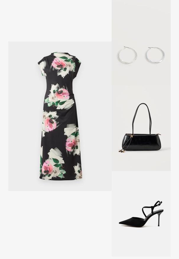 Robe midi noire avec imprimés floraux abstraits rose et blanc, manches courtes et col montant avec fronces latérales.; Chaussure à talon haut noire à bout pointu avec talon stiletto fin et fines lanières à la cheville avec boucle argentée sur fond blanc.; Sac à main rectangulaire noir avec deux longues bandoulières, détail anneau doré et fermeture éclair sur un fond clair uni.; Boucles d’oreilles créoles en métal argenté avec une surface lisse légèrement incurvée et des fermoirs à clapet sur un fond blanc uni.
