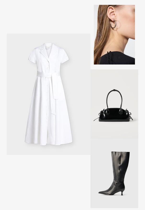 Robe midi blanche à manches courtes avec un col à revers, des boutons sur le devant et une large ceinture en tissu nouée à la taille.; Botte en cuir noire montant jusqu'au genou, avec un bout pointu et un petit talon bas, présentée sur un fond clair uni.; Petit sac à main noir brillant avec deux longues anses et des détails à cordon sur les côtés sur un fond clair uni.; Boucle d'oreille en argent avec une finition polie, présentant de petits détails en or et de forme ronde, portée sur le lobe.