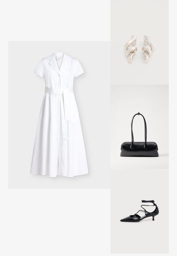 Robe midi blanche à manches courtes avec un col à revers, des boutons sur le devant et une large ceinture en tissu nouée à la taille.; Chaussure noire à bout pointu et talon kitten avec brides autour de la cheville et détails découpés sur les côtés, présentée sur un fond uni clair.; Osoi BOAT WIDE - Sac à main - black; Boucles d'oreilles clips en métal argenté torsadé avec une finition lisse et brillante, présentant un design moderne et abstrait en spirale.