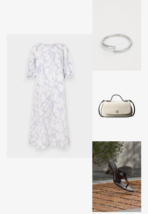 Lys blå blomsterkjole i et blødt stof med pufærmer, en rynket halsudskæring og snørelukninger.; Brun Calvin Klein hælet thong sandal svævende over træflise og grus udendørs med sløret grønt og stenmur i baggrunden.; Cremefarvet rektangulær håndtaske med sort rem og håndtag, foran klaplukning samt lille sølvfarvet "cK" logo midt foran.; Calvin Klein SPIRAL - Armbånd - silver-coloured
