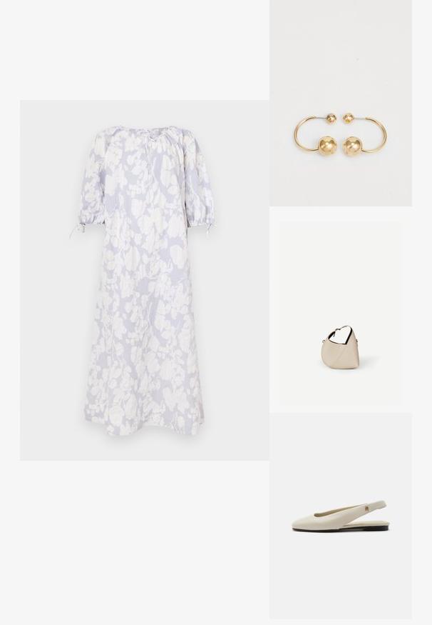 Vestido floral en azul claro de tejido suave, con mangas abullonadas, escote fruncido y detalles de cordón.; Zapato plano slingback de cuero color crema con puntera redondeada y pequeño emblema dorado en la correa.; Bolso de cuero beige en forma de media luna con una sola correa para el hombro y costuras mínimas, colocado sobre un fondo blanco liso.; Pendientes de metal en tono dorado con un diseño circular que presenta dos esferas, una más grande y texturizada, y una bola pulida más pequeña en la parte superior.