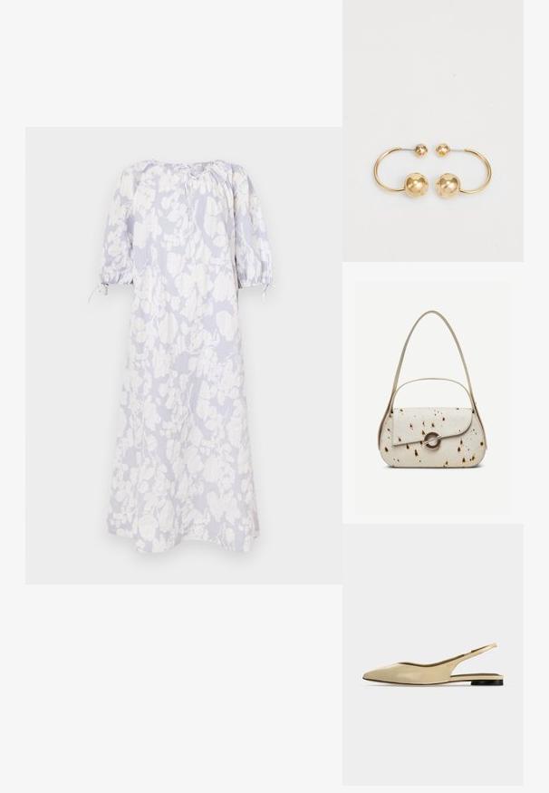 Vestido floral en azul claro de tejido suave, con mangas abullonadas, escote fruncido y detalles de cordón.; Zapato plano beige con puntera puntiaguda, diseño slingback, tacón bajo negro y acabado en cuero liso, mostrado de perfil sobre un fondo liso.; Bolso color crema con motas marrones, solapa curva con cierre metálico circular, con dos correas delgadas, una más larga para llevar al hombro.; Pendientes de metal en tono dorado con un diseño circular que presenta dos esferas, una más grande y texturizada, y una bola pulida más pequeña en la parte superior.