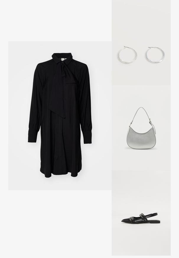 Vestido negro de mangas largas con cuello atado, parte delantera abotonada y mangas con pliegues, hecho de una tela ligera con una textura suave.; Even&Odd Bailarinas con tira trasera - black; Bolso de mano de imitación cuero plateado con forma curva, correa corta ajustable y textura suave, que presenta un detalle de costura minimalista.; Pendientes de aro de metal plateado con superficie lisa y ligeramente curvada y cierre de tipo mosquetón sobre un fondo blanco liso.