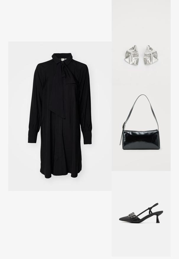 Vestido negro de mangas largas con cuello atado, parte delantera abotonada y mangas con pliegues, hecho de una tela ligera con una textura suave.; Simmi London DALA - Tacones - black; Bolso de hombro rectangular negro con una correa ajustable y un cierre de cremallera superior sobre un fondo liso.; Pendientes de metal plateado con un diseño ondulado y escultórico, que presentan un acabado pulido y formas irregulares, destacando una estética contemporánea.