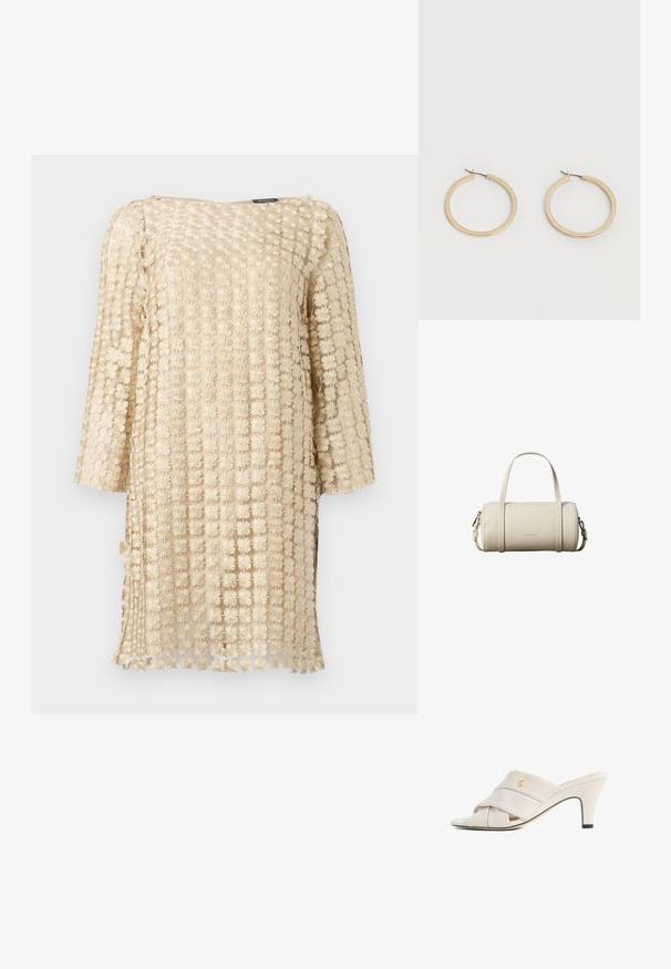 Beige knielange jurk met lange mouwen, met een gestructureerde bloemenapplicatie over een doorschijnende stoflaag.; Beige hoge hakken mules met een gedraaide lederen band, open teen en een reliëf logo-accent. De hak heeft een zwarte puntdetail.; Kleine cilindervormige beige leren handtas met twee handvatten, een afneembare schouderriem en Calvin Klein-logo aan de voorkant.; Een paar gladde goudkleurige middelgrote creooloorbellen met scharniersluitingen op een effen lichte achtergrond.