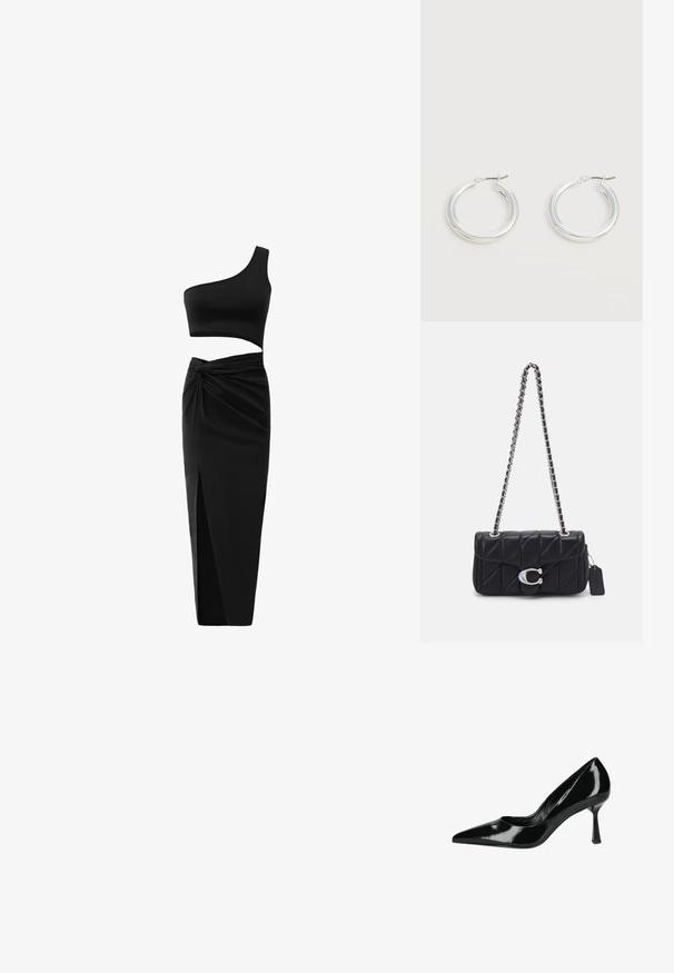 Conjunto negro de dos piezas que incluye un top corto de un solo hombro y una falda de cintura alta con un detalle retorcido y una abertura lateral. Tejido suave.; Zapato de tacón alto de charol negro con punta afilada y silueta elegante. Presenta un tacón delgado y estructurado, y una textura suave.; COACH QUILTED TABBY SHOULDER WITH CHAIN - Bolso de mano - black; Par de pendientes de aro plateados brillantes de tamaño mediano con cierres metálicos finos sobre un fondo neutro claro.