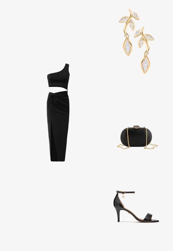 Conjunto negro de dos piezas que incluye un top corto de un solo hombro y una falda de cintura alta con un detalle retorcido y una abertura lateral. Tejido suave.; Sandalia de tacón alto de cuero negro con una sola cinta sobre los dedos, cinta en el tobillo, herrajes dorados y un esbelto tacón de aguja.; Bolso de mano tipo clutch ovalado negro con superficie lisa, correa de cadena dorada y cierre redondo negro y dorado en la parte superior sobre un fondo blanco.; DIAMANT L'ÉTERNEL Pendientes - gold coloured