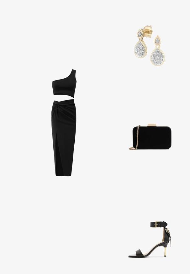 Sort todelt tøj sæt bestående af en en-skulder crop top og en højtaljet nederdel med tvistet detalje og sideslids. Glat stof.; Sort læder hæl sandal med firkantet tå, ankelrem med en guldbuckle og en slank metallisk hæl. Glat tekstur, minimalistisk design.; Sort velour clutch med guldfarvede detaljer, rektangulær form og kædestrop, der har en glat tekstur og ingen synlige mønstre.; Dråbeøreringe med en guldramme og sølvdetaljer, prydet med flere små, runde glitrende sten i et dekorativt mønster.