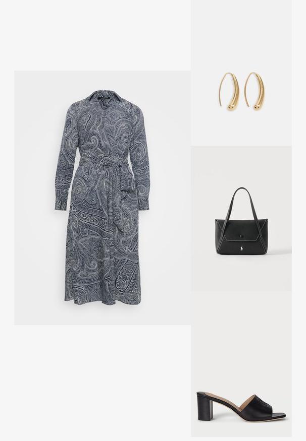 Pitkähihainen mekko tummansinisellä valkoisella paisley-kuviolla, jossa on kaulus ja sidottava vyö säätömahdollisuudella.; Mustat nahkaiset avokasblock-korkokengät, joissa on aukko varpaiden kohdalla ja painettu logodetalji. Tasainen pinta ja jämäkkä muotoilu tarjoavat vakautta.; Musta nahkainen käsilaukku, jossa on kaksi kahvaa, etukansi nappisuljinnalla, valkoiset ompeleet ja pieni hevosen logo yksivärisellä taustalla.; Korvakorut kultasävytteistä metallista, joissa on kaareva, pitkänomainen muoto. Ominaisuuksiin kuuluu sileä, kiiltävä pinta ja pyöreä kärki lisäyksinä.