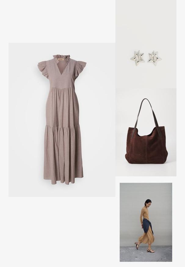 Kergelt taupe linases maxi kleit, mis on varustatud lainelise kaelusega, lühikeste varrukatega ja kihilise seeliku disainiga, mis loob voolava silueti.; Naine kõndimas beežis pikkas kleidis ja mustades sandaalides, tal on talje ümber seotud tumedat värvi kampsun, taustal on suletud aknaroll.; Pruunist seemisnahast kott kahe tumeda nahast õlapaelaga. Pehme tekstuur, ümar ülaosa ja avar sisemus. Loomulikult ei ole nähtavat riistvara ega kaunistusi.; Hõbedast tähekujulised rõngaskõrvarõngad, millel on sile ja poleeritud viimistlus, tavalise valge taustaga.