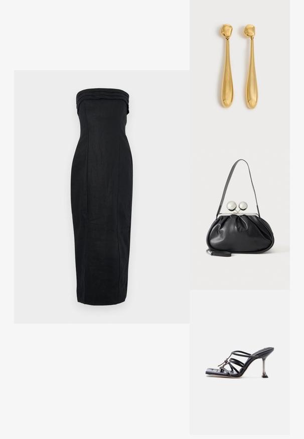 Zwarte strapless jurk met een getailleerde silhouette, textuurstof en een gestructureerde geplooide halslijn. Midi-lengte met een gladde afwerking.; Zwarte sandaal met hoge hak en bandjes, met een vierkante neus en een dunne naaldhak, voorzien van overlappende bandjes en een knoopdetail op het bovenwerk.; Zwarte leren handtas met een geplooid ontwerp, een enkele schouderband, zilverkleurige metalen omlijsting en twee grote ronde zilveren sluitingen.; Een paar lange, gladde, glanzende gouden druppelvormige oorbellen met afgeronde toppen en taps toelopende druppelvormen op een lichte achtergrond.