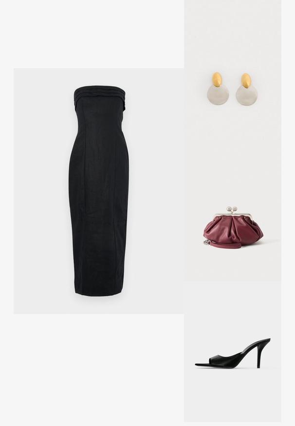 Zwarte strapless jurk met een getailleerde silhouette, textuurstof en een gestructureerde geplooide halslijn. Midi-lengte met een gladde afwerking.; Zwarte leren mule met open teen en hoge slanke naaldhak, zijaanzicht tegen een effen achtergrond.; Kleine bordeauxrode leren clutch met zilveren metalen gesp en polsriem op een witte achtergrond.; Gouden en zilveren metalen oorbellen met een ronde schijfbasis en een ovale bovenstuk, gladde textuur en gepolijste afwerking.
