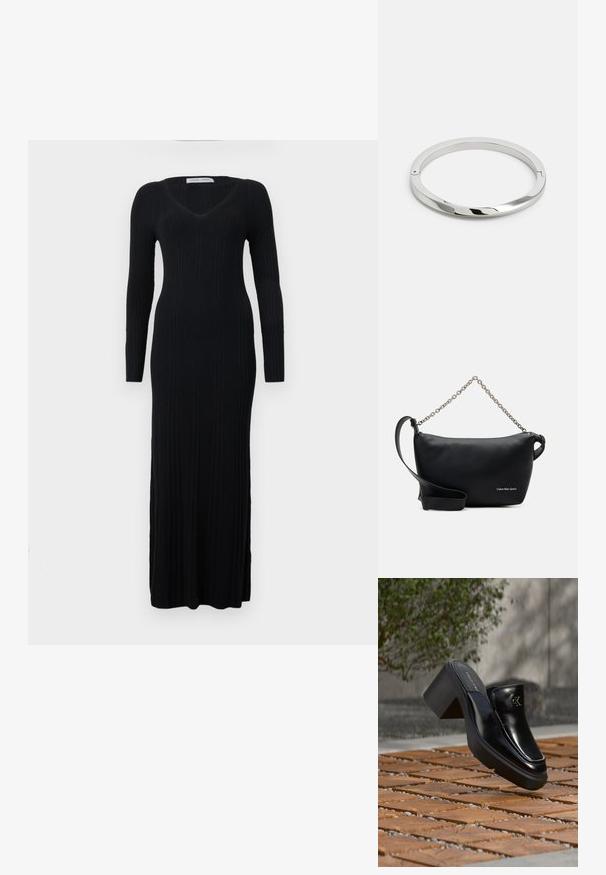 Langärmeliges schwarzes Rippkleid mit V-Ausschnitt und figurbetonter Silhouette, das bis zu den Knöcheln reicht. Das Material zeigt eine vertikale Textur.; Schwarze Leder-Slip-on-Mule von Calvin Klein mit Blockabsatz, die auf Holzfliesen im Freien nahe einer grünen Pflanze und einer grauen Wand ruht.; Calvin Klein Jeans SCULPTED ROUND CHAIN - Umhängetasche - black; Silbernes Metallarmband mit einer glatten, glänzenden Oberfläche und flachen Kanten. Verfügt über ein offenes, kreisförmiges Design mit einem subtilen Verschlussdetail.
