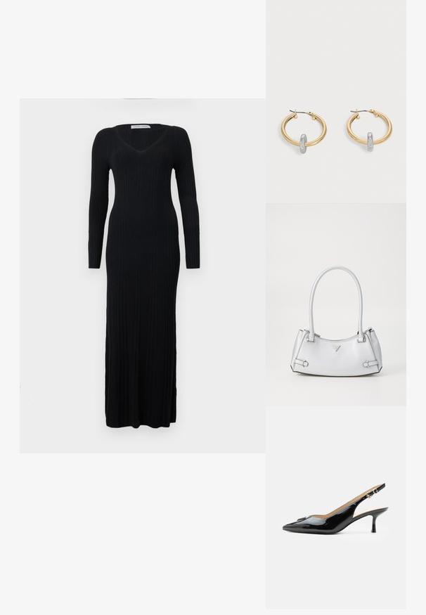 Langärmeliges schwarzes Rippkleid mit V-Ausschnitt und figurbetonter Silhouette, das bis zu den Knöcheln reicht. Das Material zeigt eine vertikale Textur.; Schwarzer Pumps mit Riemchen aus Lackleder, spitz zulaufender Zehenpartie, kleinem Kitten-Heel und silberner Schnalle auf weißem Hintergrund.; Silberne Handtasche mit einem strukturierten Design, ausgestattet mit zwei Griffen, glänzender Oberfläche, Akzentbeschlägen und einem dreieckigen Logo auf der Vorderseite.; Paar goldfarbene Creolen mit kleinem silberfarbenem Schlaufen-Detail an jeder, vor hellem grauem Hintergrund präsentiert.