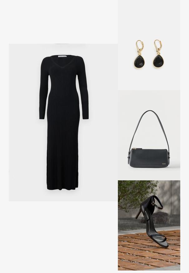 Langärmeliges schwarzes Rippkleid mit V-Ausschnitt und figurbetonter Silhouette, das bis zu den Knöcheln reicht. Das Material zeigt eine vertikale Textur.; Schwarze Sandalette mit hohem Absatz und Knöchelriemen schwebt über einem Holzboden im Freien vor verschwommenem Grün und Steinhintergrund.; Schwarze rechteckige Lederschultertasche mit goldenem Reißverschluss und kleinem goldenem "HUGO"-Logo auf der Vorderseite, mit verstellbarem Riemen und Schnalle.; DKNY TEARDROP - Ohrringe - gold-coloured/black