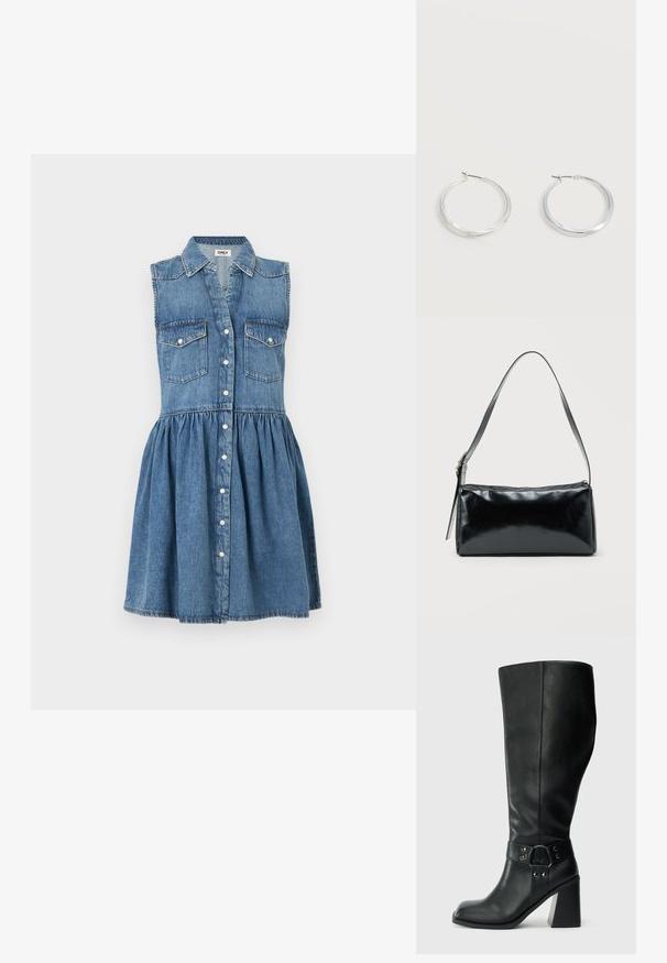 Robe sans manches en denim bleu avec un col chemise, fermeture boutonnée à l'avant, deux poches à rabat sur la poitrine, et une taille froncée créant une jupe évasée.; Bottes en cuir noires arrivant au genou, avec un bout carré, un large talon et une sangle décorative avec des accents métalliques autour de la cheville. Texture lisse.; Sac d'épaule rectangulaire noir avec une sangle réglable unique et une fermeture éclair supérieure sur un fond uni.; Boucles d’oreilles créoles en métal argenté avec une surface lisse légèrement incurvée et des fermoirs à clapet sur un fond blanc uni.