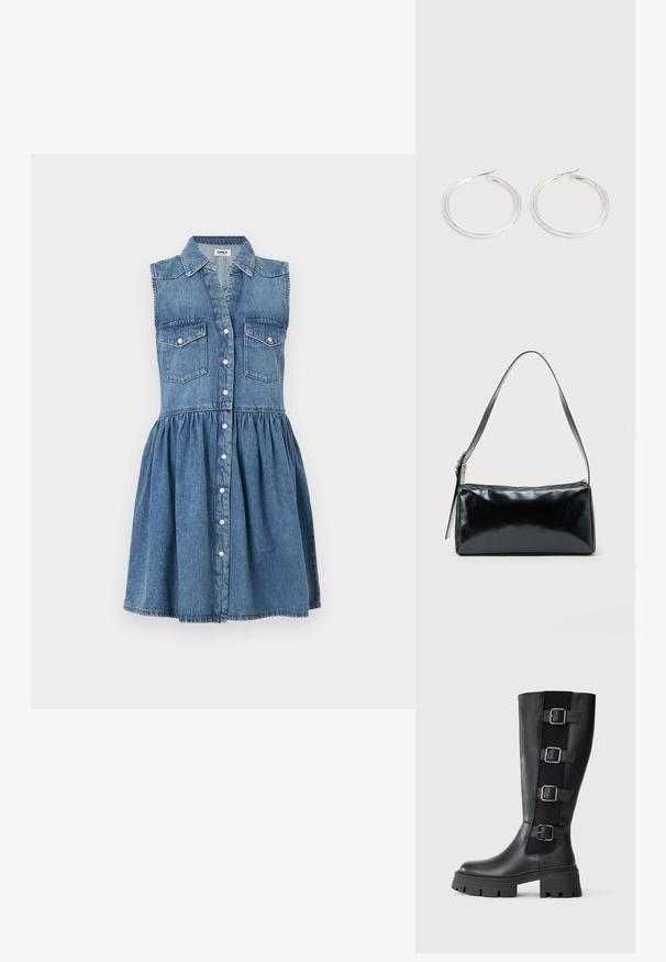 Robe sans manches en denim bleu avec un col chemise, fermeture boutonnée à l'avant, deux poches à rabat sur la poitrine, et une taille froncée créant une jupe évasée.; Bottes noires en cuir, hauteur genou, avec trois sangles ajustables à boucles sur le côté, semelle en caoutchouc épaisse avec des rainures pour la traction.; Sac d'épaule rectangulaire noir avec une sangle réglable unique et une fermeture éclair supérieure sur un fond uni.; Paire de boucles d'oreilles créoles argentées brillantes avec fermoirs en fil fin, présentée sur un fond gris clair.