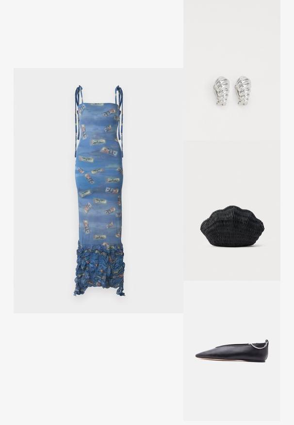 AVAVAV LONG SMOCK DRESS - Maksikleit - blue; Mustast nahast terava ninaga madala kontsaga tallase, millel on taga hõbedane kett-detail, ühevärvilise tausta ees.; Mustast punutud käsitööna valmistatud käekott, mis on kujult fenkoli koore sarnane, ümaral küljel ja kootud tekstuuriga ning lihtsal taustal.; Hõbedased klamber kõrvarõngad, millel on spiraalne disain, millel on sile metalliline tekstuur ja ümarad kujundid. Nähtavad ehted või mustrid puuduvad.